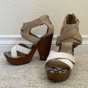 G by Guess leather platform wedge heels cream and white